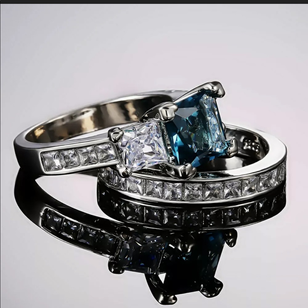 New Princess Cut Aquamarine  Set 925 Silver Ring - Picture 5 of 7